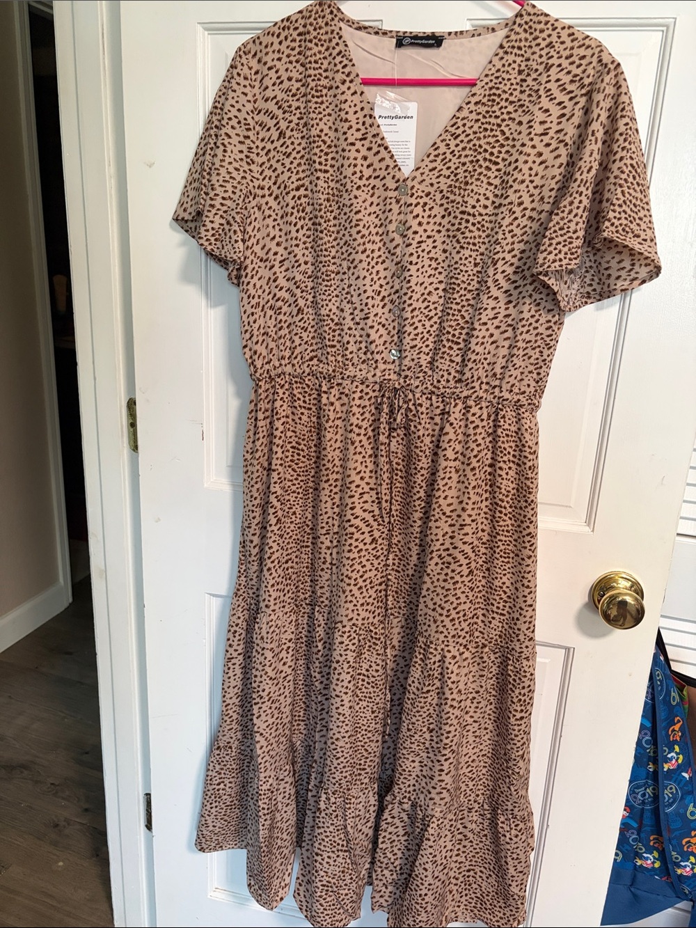 Tan Leopard-Print V-Neck Midi Dress with Tie Waist